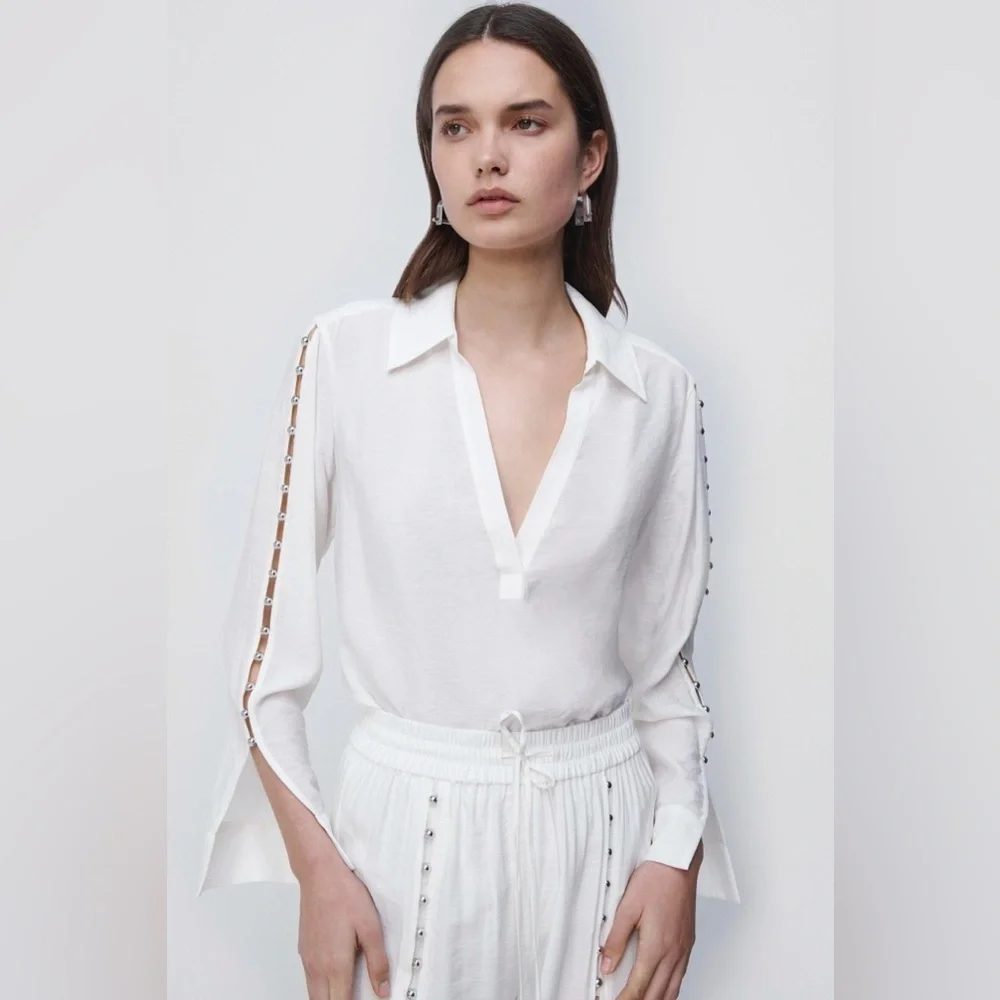 Jonathan Simkhai Stormy Beaded Ivory V-Neck Collar Long Sleeve Coverup Top NWT M - Picture 1 of 12